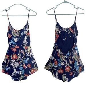 Forever 21 Romper Shorts Women Small Blue Floral Tropical Sleeveless Open Back